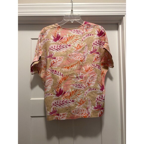 Women’s Medium Linen Blend Tropical  V neck  Blouse Shirt Boxy Fit Woven Fabric - Picture 3 of 3